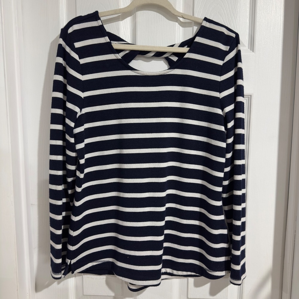 T by Talbots Womens Navy White Striped Twist Back Long Sleeve Top LP VN4900